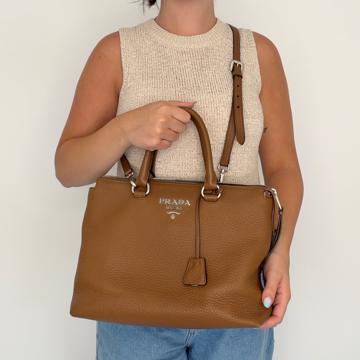 Prada Handbag Brown Grained Leather SHW