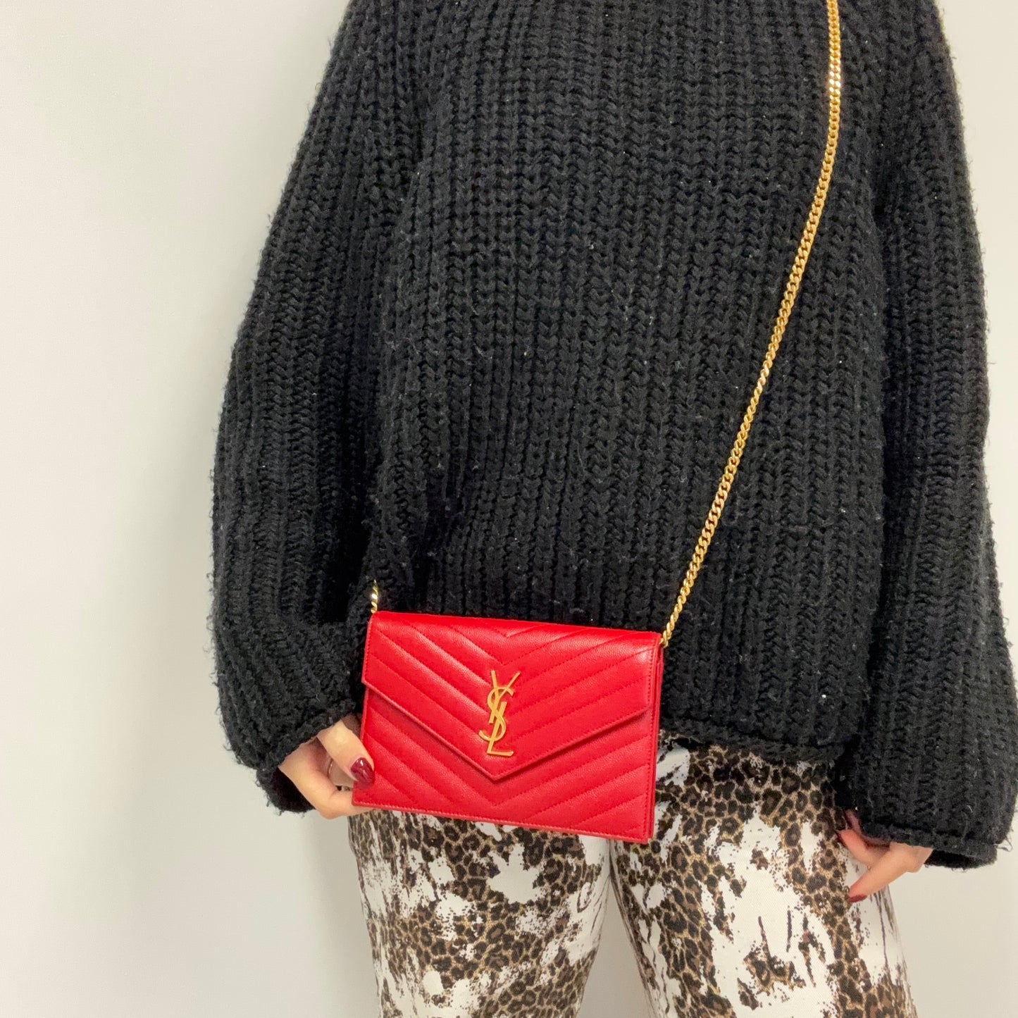 Saint Laurent Cassandre Chain Wallet Red GHW 2018