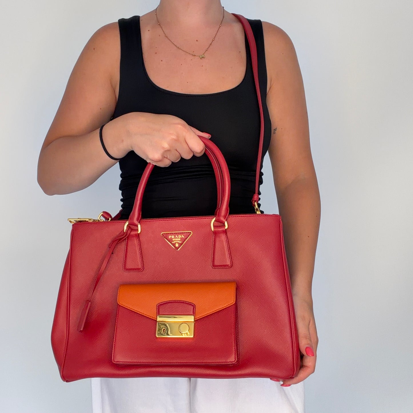 Prada Saffiano Lux Pocket Tote In Fuoco & Papaya