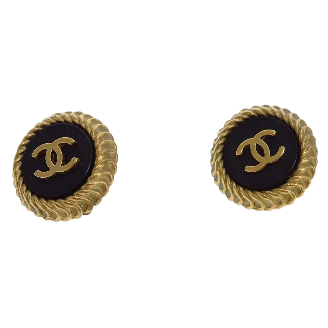 Chanel 95C Vintage Boucle Clip On Earrings Black & Gold