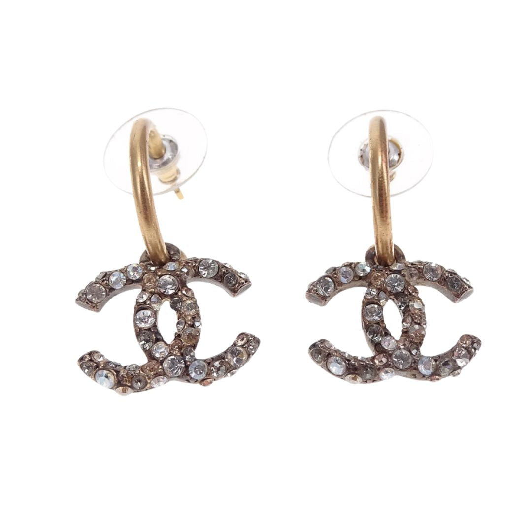 Chanel Earrings Goldtone CC Dangle Hook and Strass