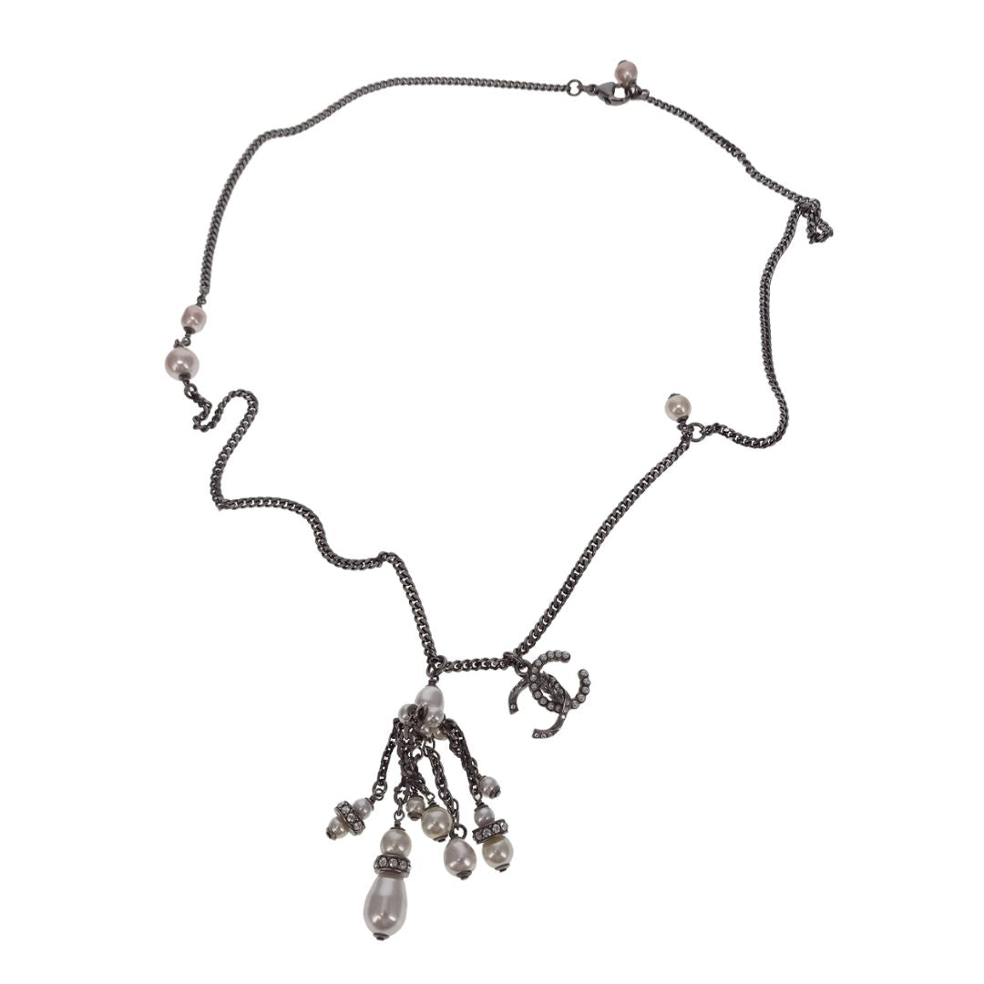 Chanel Ruthenium & Costume Pearl Cluster Pendant Necklace Short
