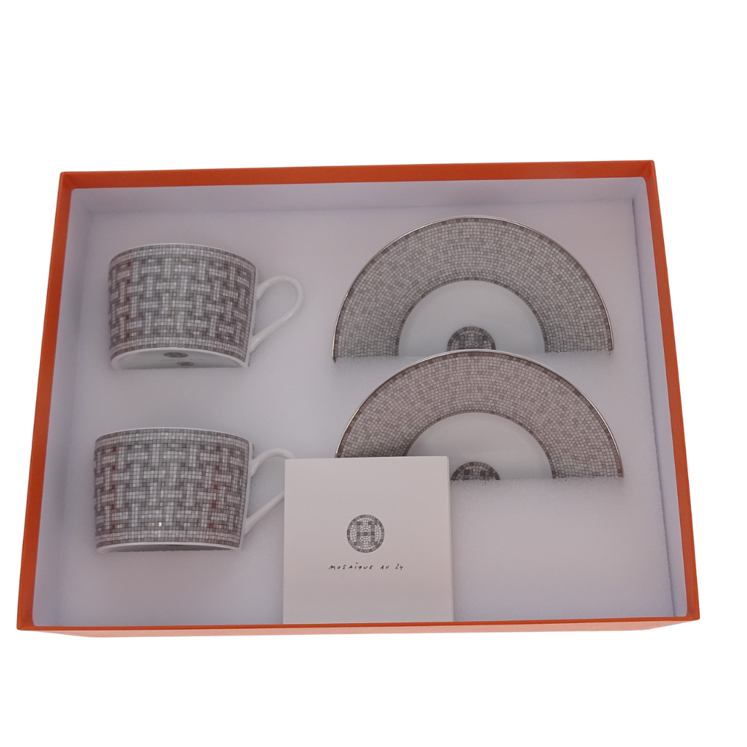 Hermes Mosaique au 24 Platinum Tea Cup and Saucer x2