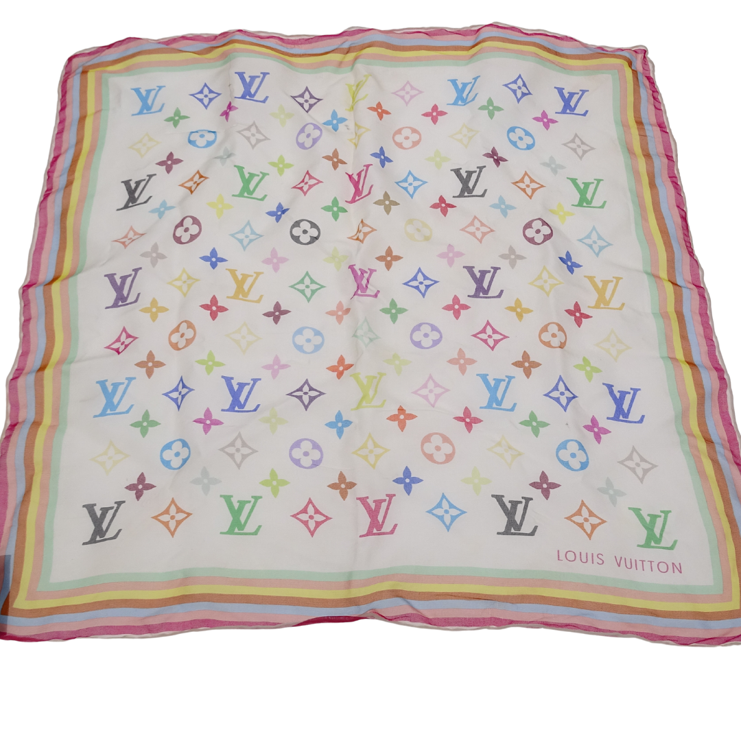 Louis Vuitton Square Scarf White/Multi Monogram 100% Silk 45cm