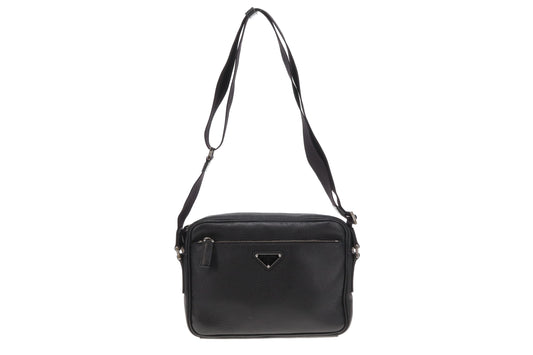 Prada Black Leather Front Pocket Messenger Bag