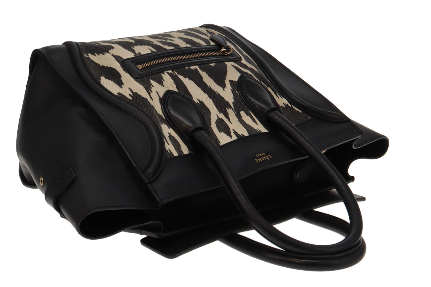 Celine Mini Luggage Tote Black Leather & Animal Print Canvas Panel