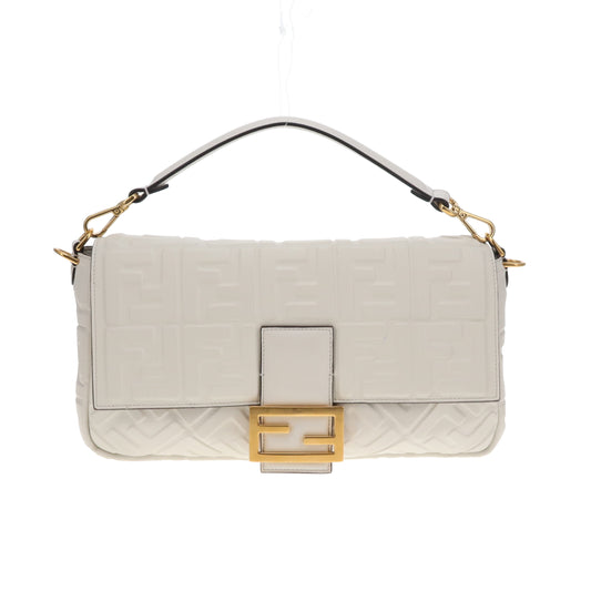 Fendi Bauette Large White Lambskin Zucca Embossed