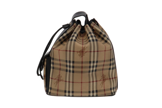 Burberry Heritage Check with Black Leather Trim Drawstring Bucket Bag