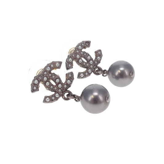 Chanel Gunmetal Pearl CC and Dangle Earrings 2014