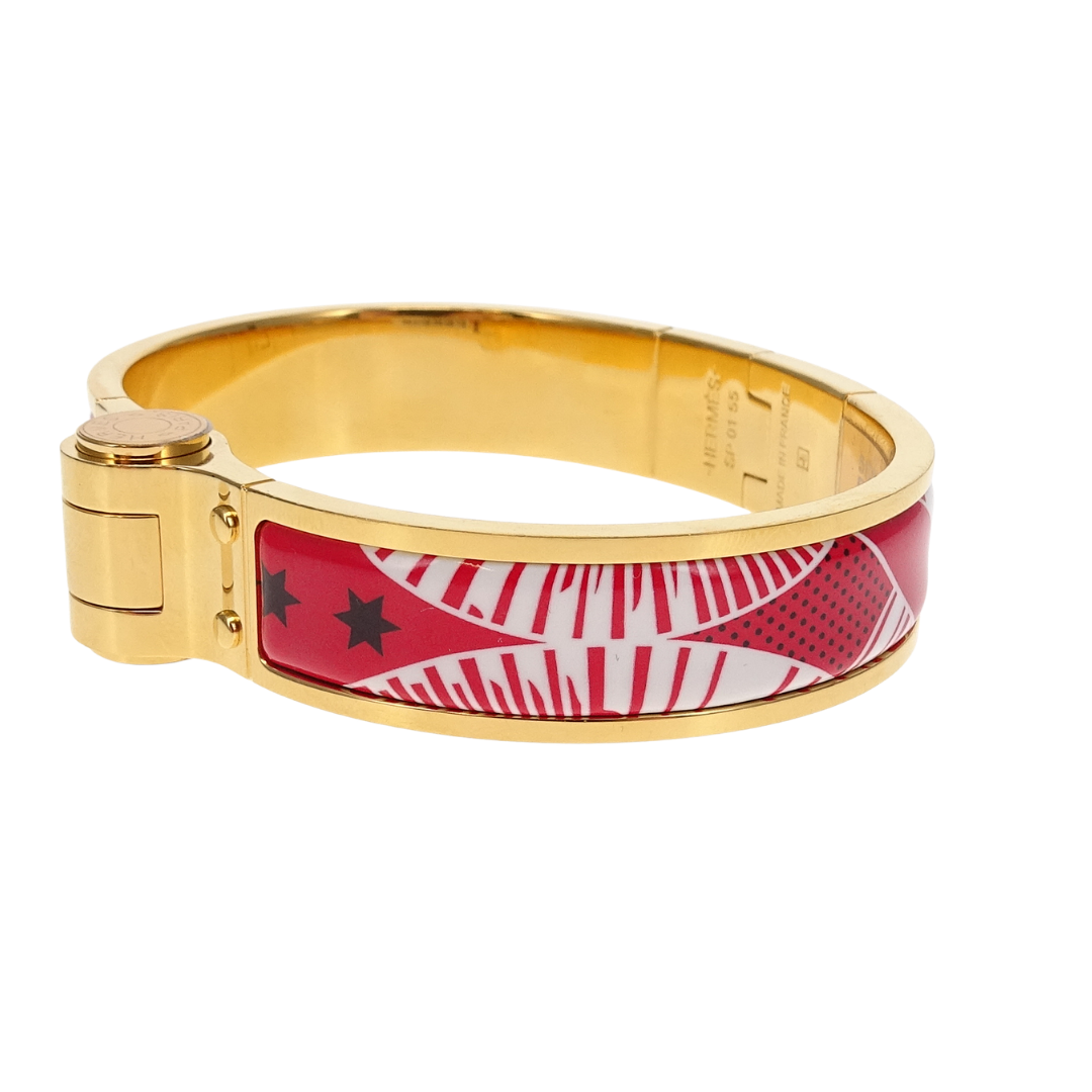 Hermes Hinged Bracelet Red Eperon D'or Bandana Rouge Enamel Gold Plated
