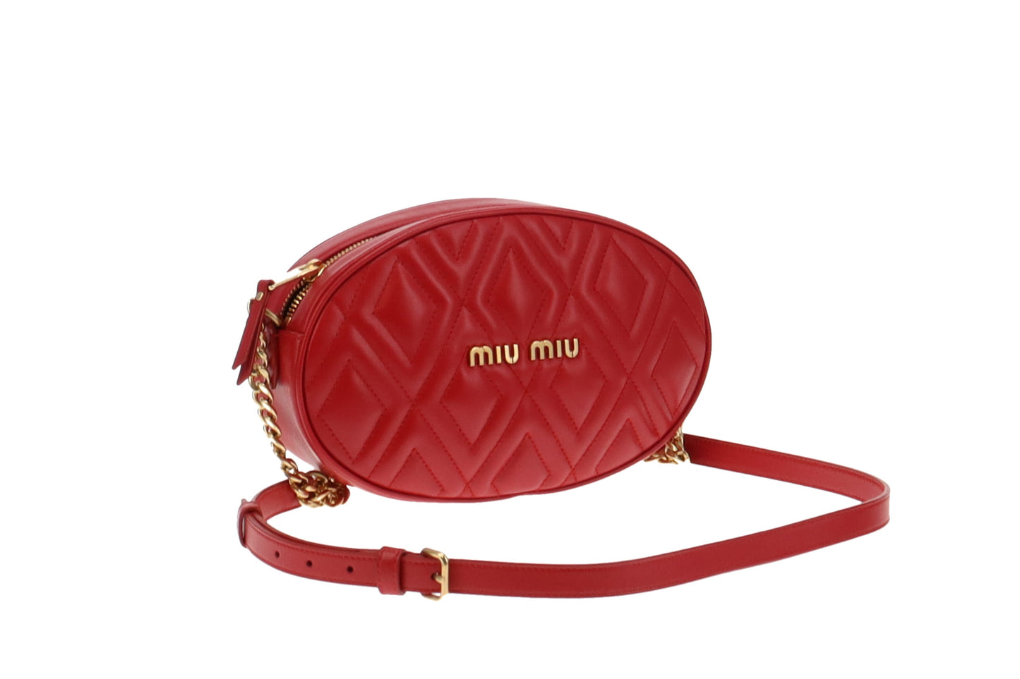 Miu Miu Fuoco Soft Calf Diamond Embossed Leather Oval Crossbody Bag