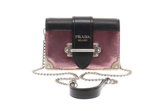 Prada Metallic Pink and Black Saffiano Cahier Chain Shoulder Bag