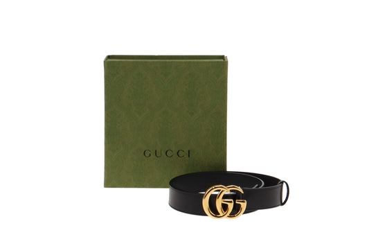 Gucci Balck Leather Shiny Gold GG Buckle 3cm Belt 85/34