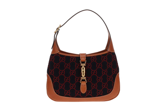Gucci Jackie Medium Tan Leather and Navy and Red GG Wool