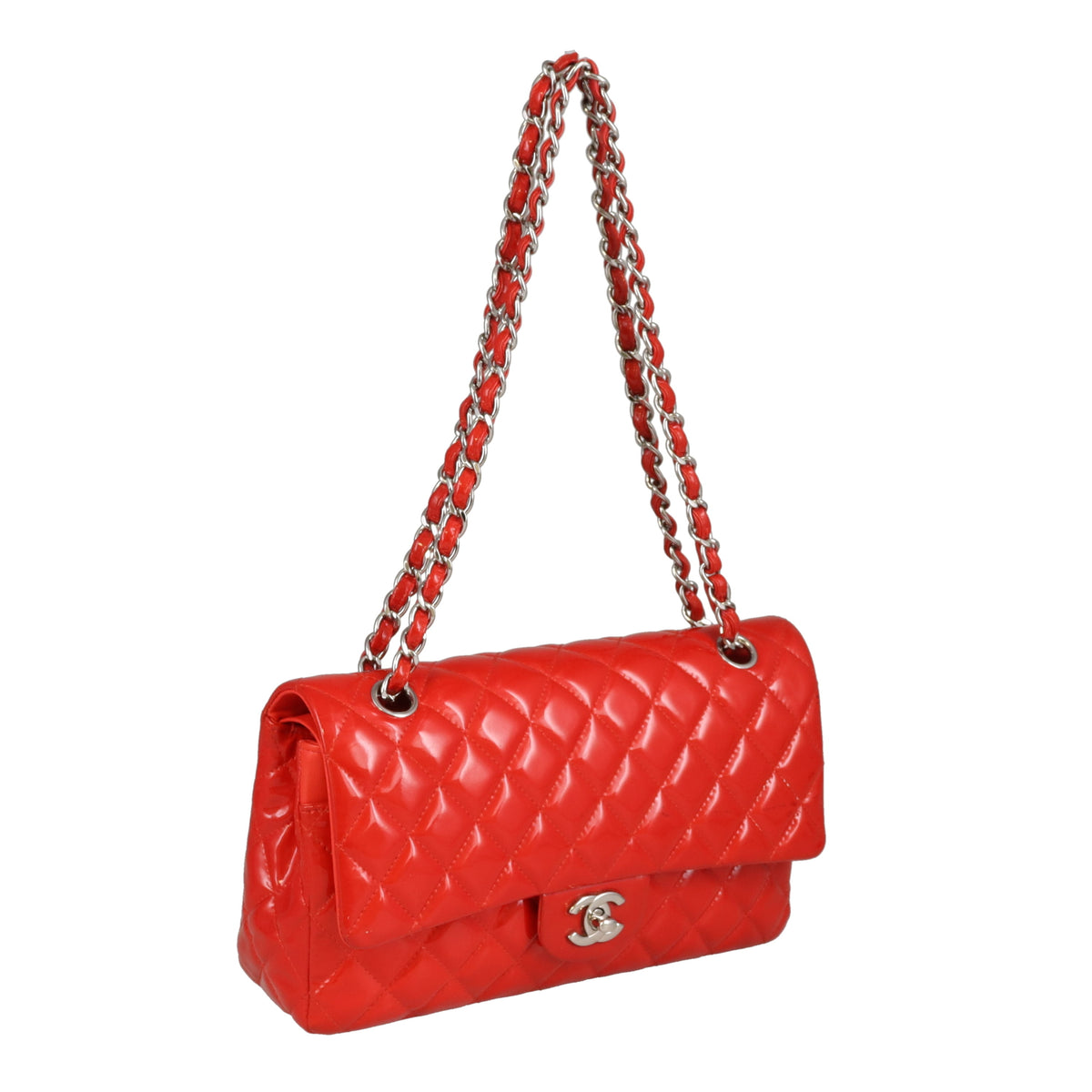 Chanel Classic Double Flap Bag Red Patent Silver HW 2014