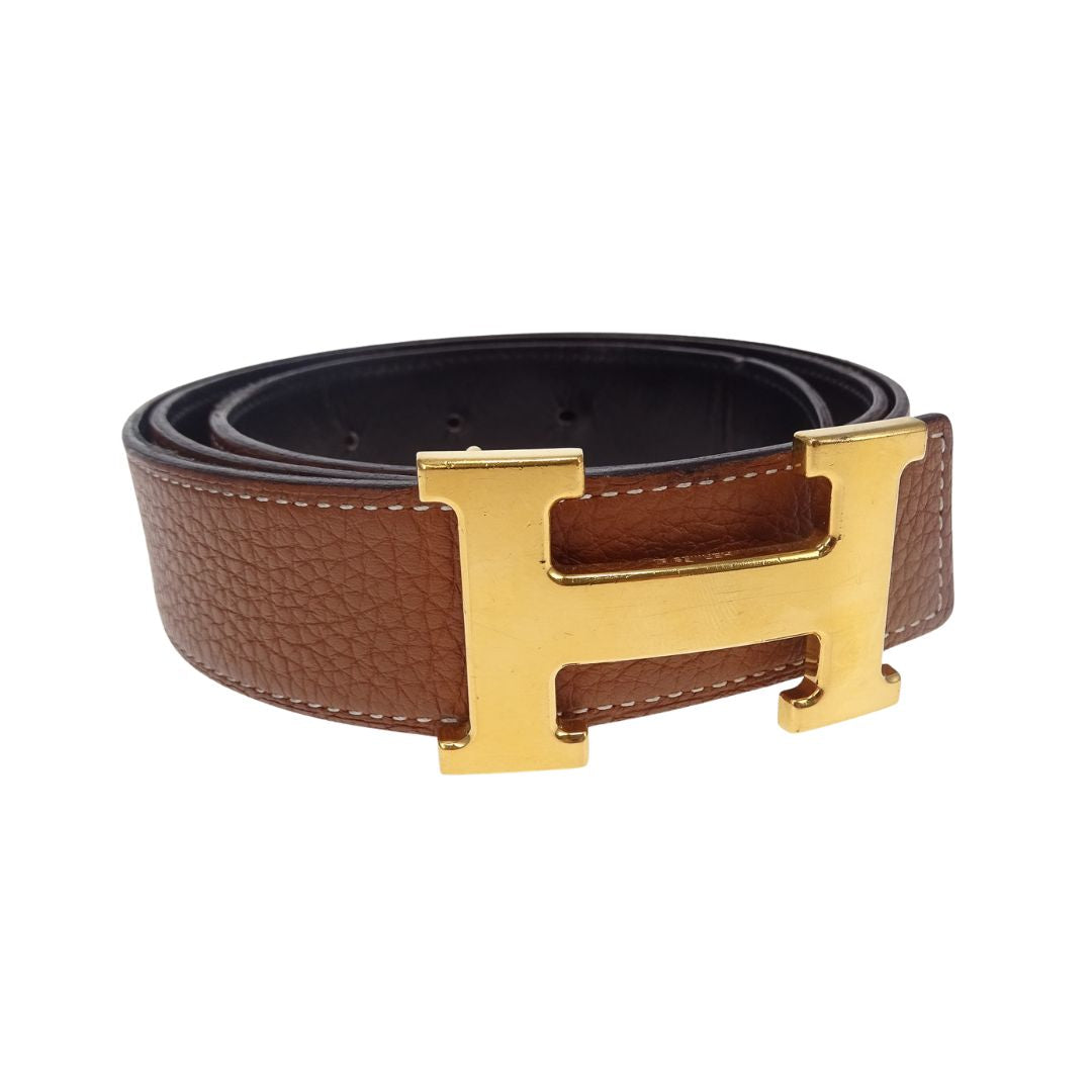 Hermes 32mm Belt H Buckle Gold and Noir Reversible Leather 95cm