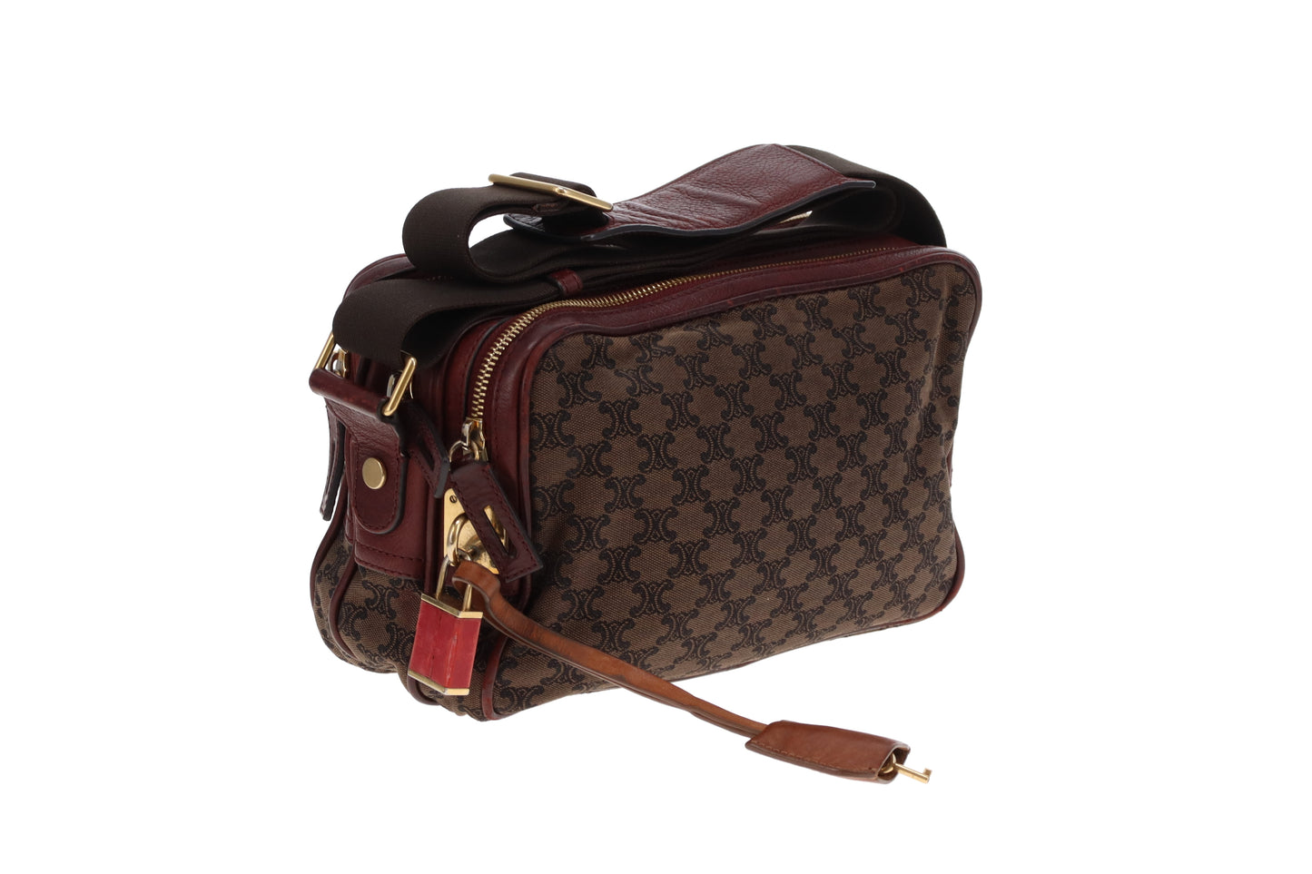 Celine Tri Pocket Vintage Messenger Triomphe Canvas and Burgundy Leather