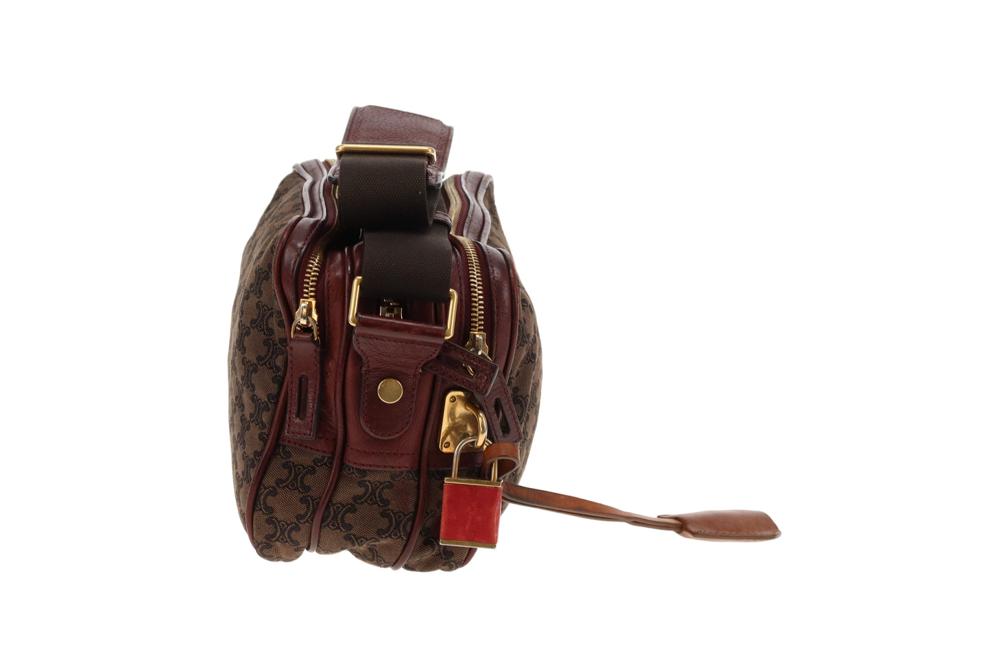 Celine Tri Pocket Vintage Messenger Triomphe Canvas and Burgundy Leather