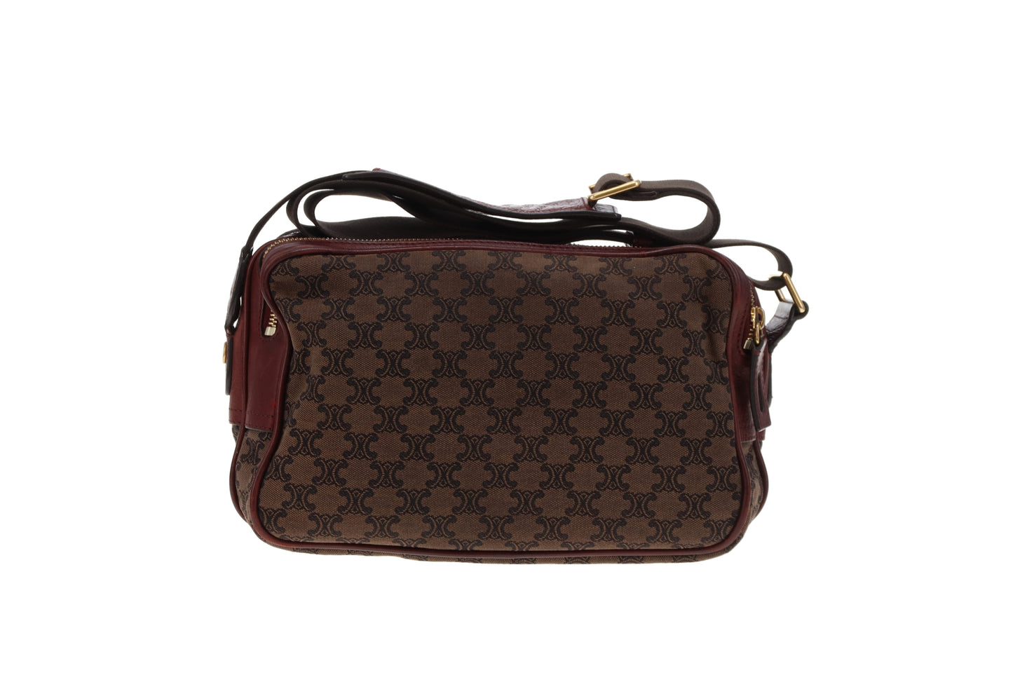 Celine Tri Pocket Vintage Messenger Triomphe Canvas and Burgundy Leather
