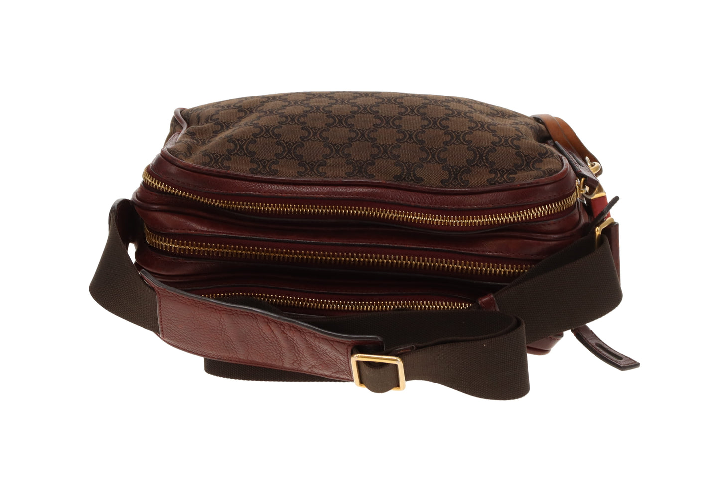 Celine Tri Pocket Vintage Messenger Triomphe Canvas and Burgundy Leather