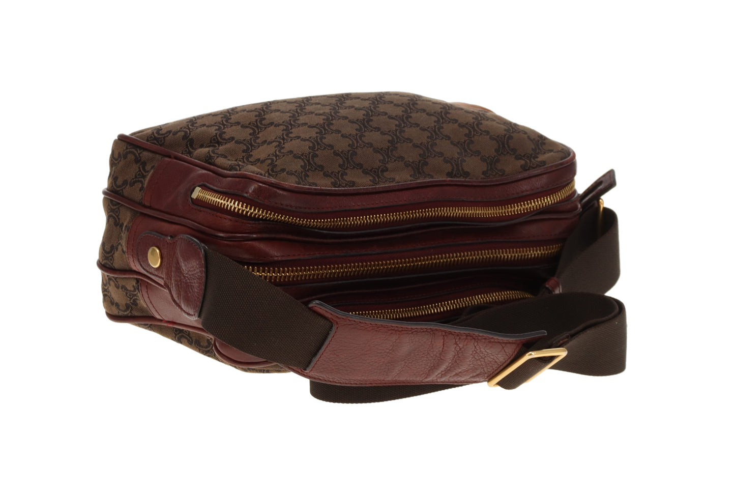 Celine Tri Pocket Vintage Messenger Triomphe Canvas and Burgundy Leather