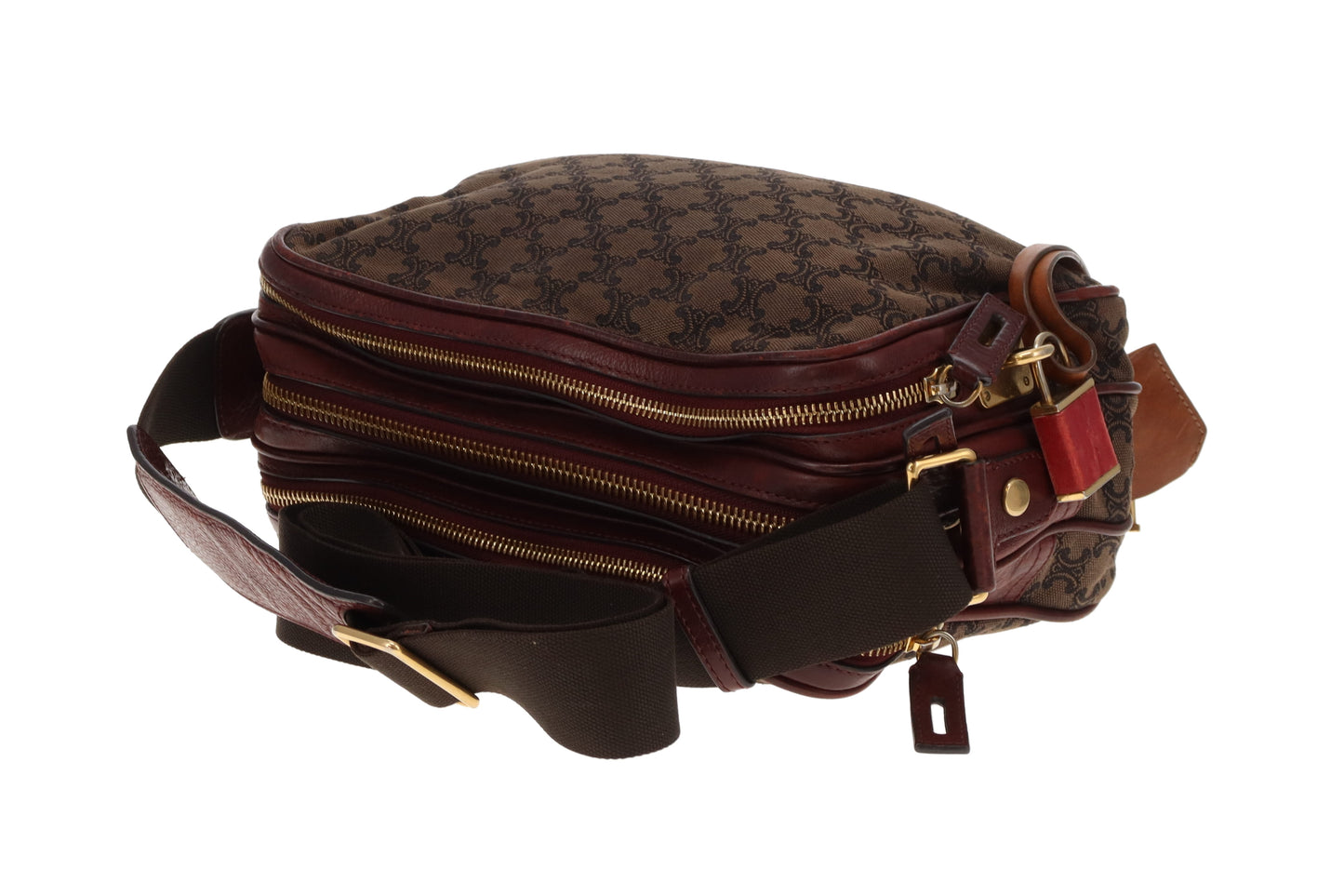 Celine Tri Pocket Vintage Messenger Triomphe Canvas and Burgundy Leather