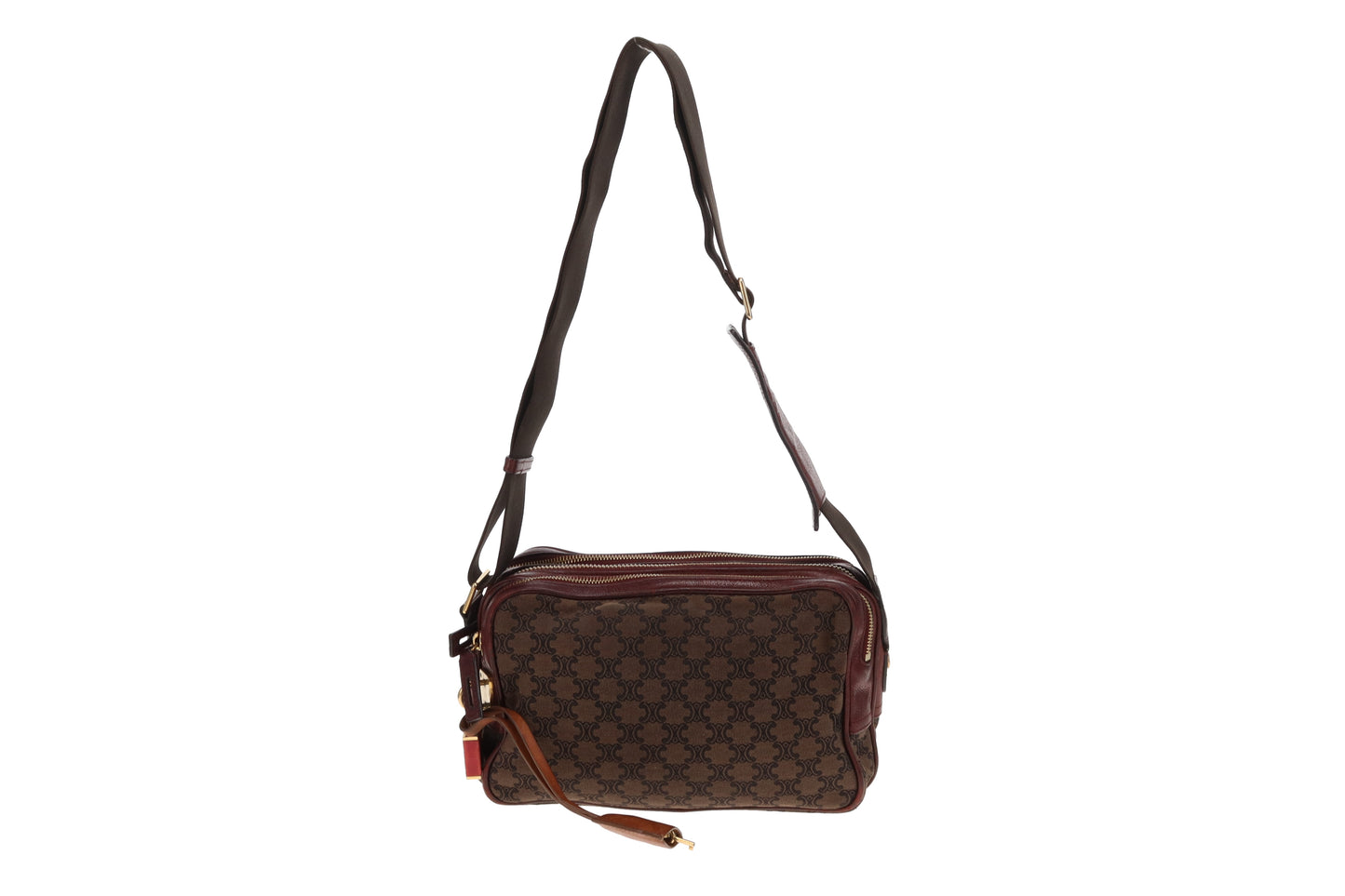 Celine Tri Pocket Vintage Messenger Triomphe Canvas and Burgundy Leather