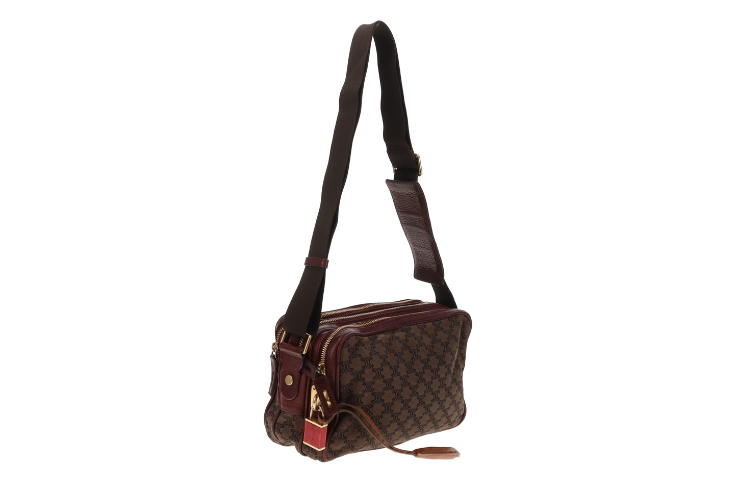 Celine Tri Pocket Vintage Messenger Triomphe Canvas and Burgundy Leather