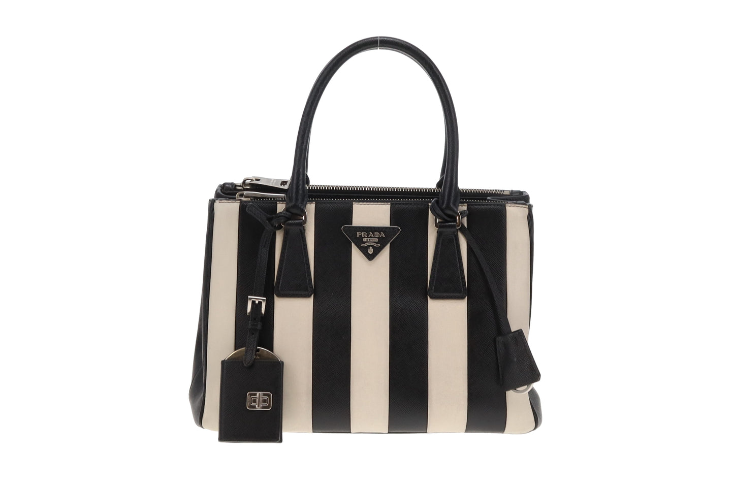 Prada Galleria Double Zip Black and White Stripe Saffiano and Calfskin