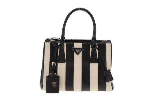 Prada Galleria Double Zip Black and White Stripe Saffiano and Calfskin