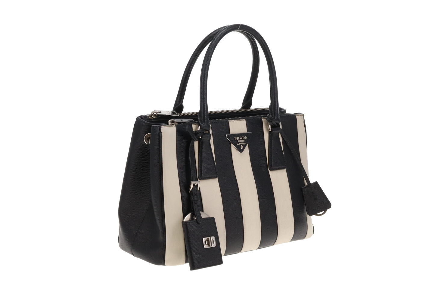 Prada Galleria Double Zip Black and White Stripe Saffiano and Calfskin