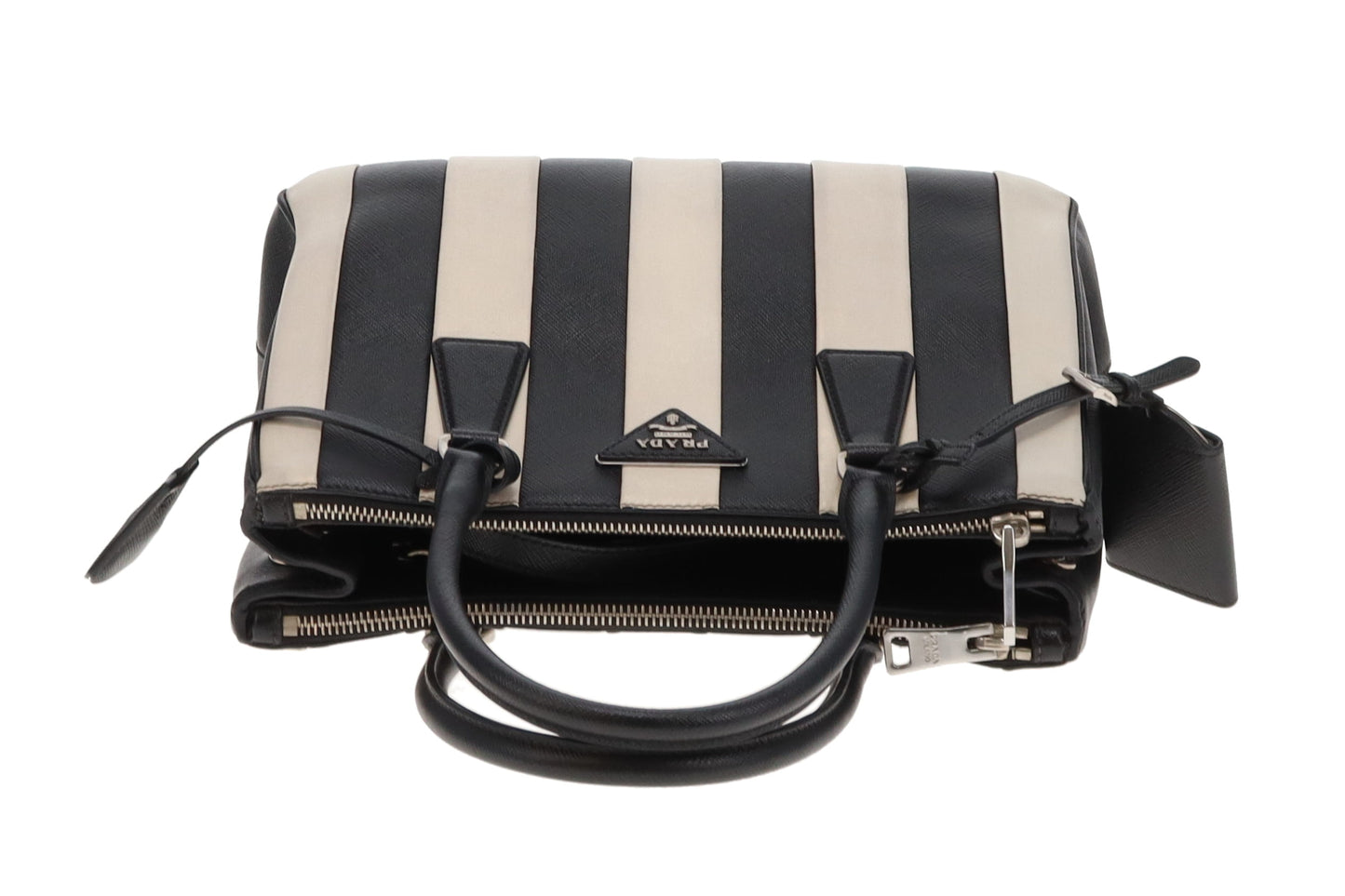 Prada Galleria Double Zip Black and White Stripe Saffiano and Calfskin