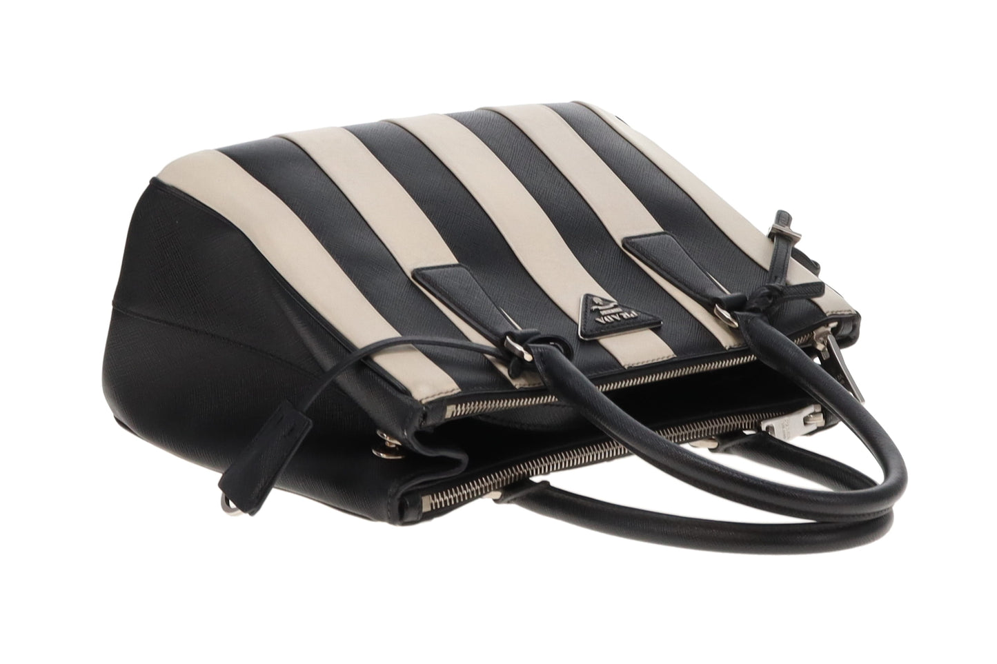 Prada Galleria Double Zip Black and White Stripe Saffiano and Calfskin