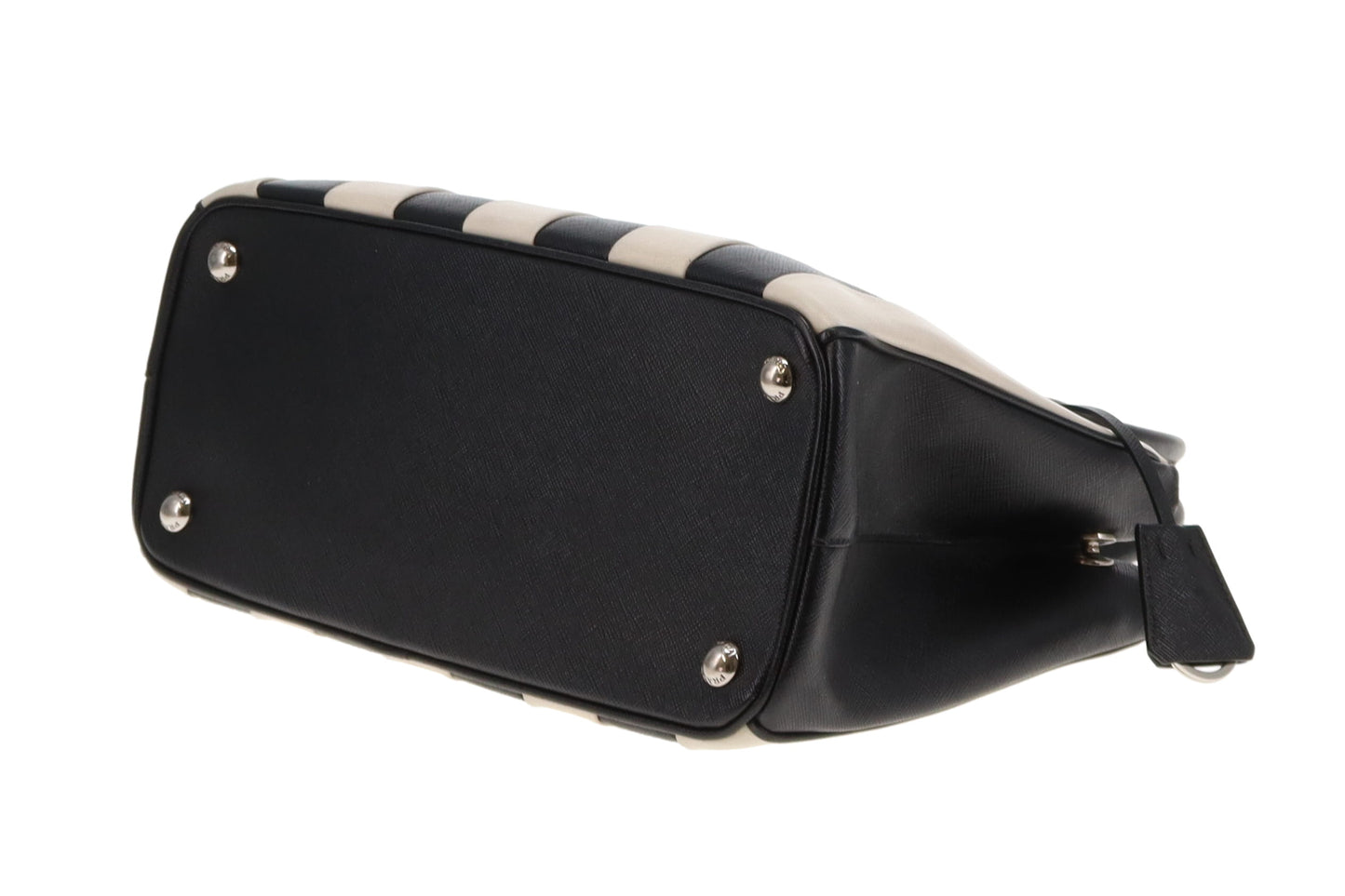 Prada Galleria Double Zip Black and White Stripe Saffiano and Calfskin
