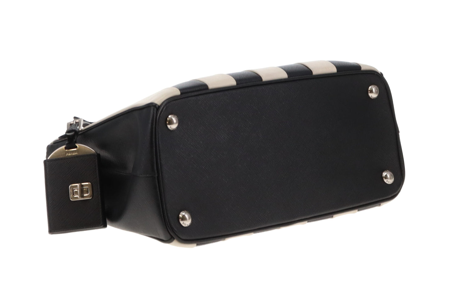 Prada Galleria Double Zip Black and White Stripe Saffiano and Calfskin