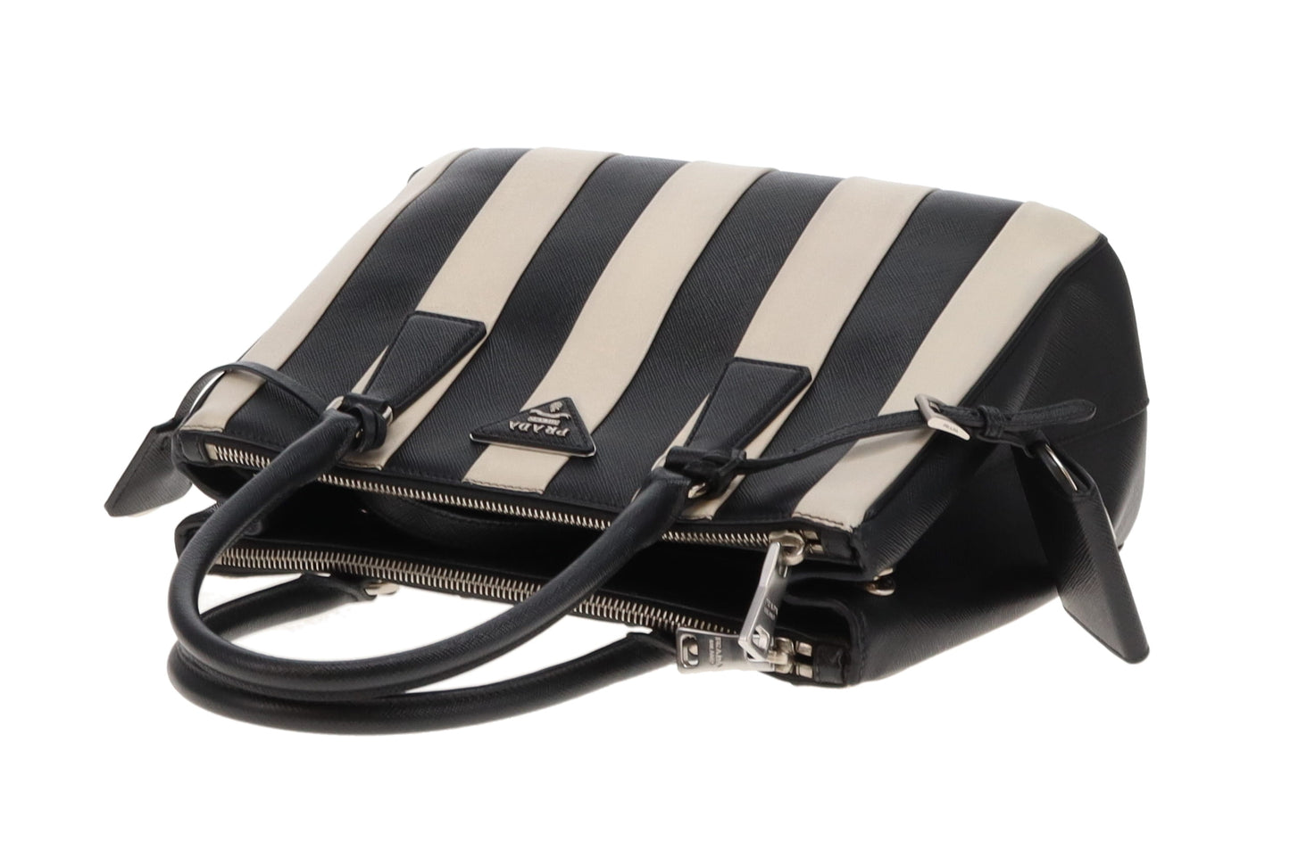 Prada Galleria Double Zip Black and White Stripe Saffiano and Calfskin