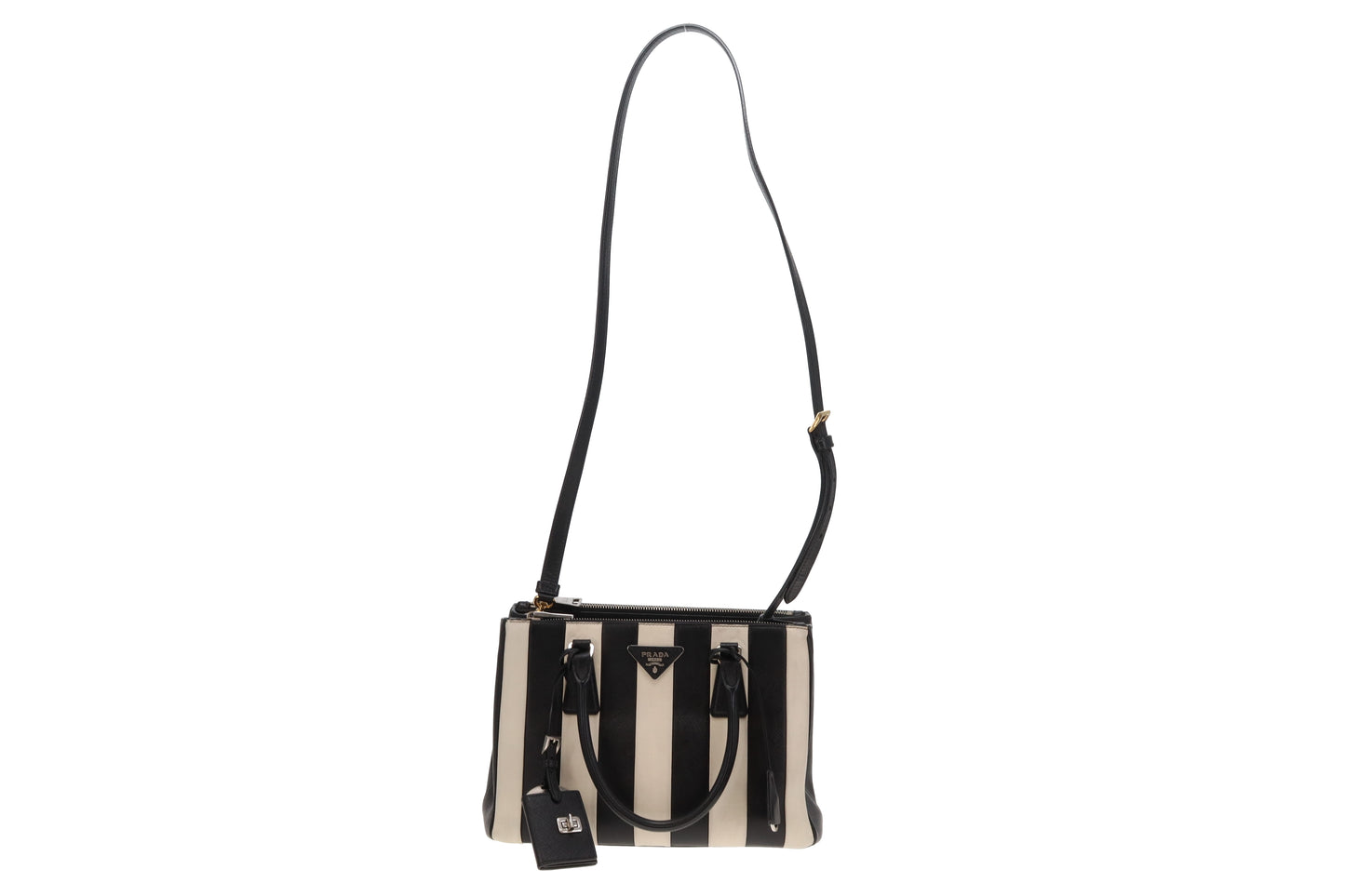 Prada Galleria Double Zip Black and White Stripe Saffiano and Calfskin