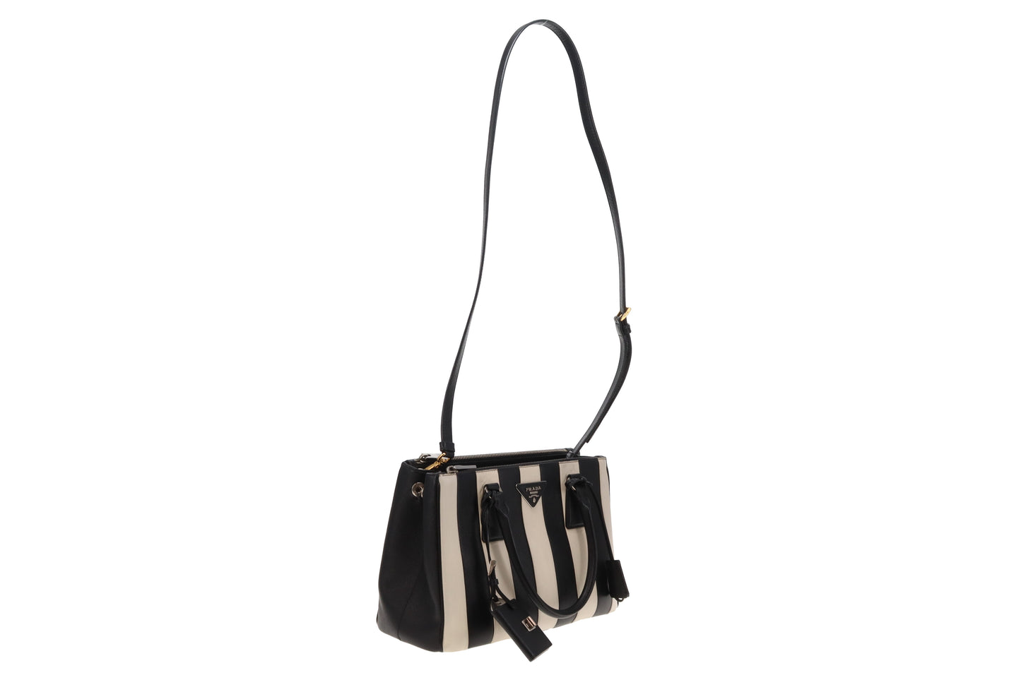 Prada Galleria Double Zip Black and White Stripe Saffiano and Calfskin