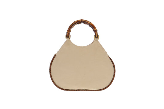 Gucci Beige Canvas with Woven Trim Bamboo Handle Vintage Handbag