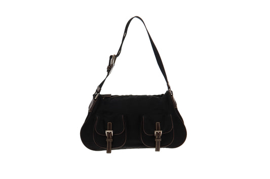 Prada Black Nylon with Brown Leather Trim Twin Pocket Shoulder Bag