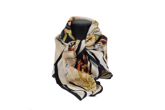 Hermes Blanc / Marine / Multicolore 100% Silk Brides et Destin 90 Scarf