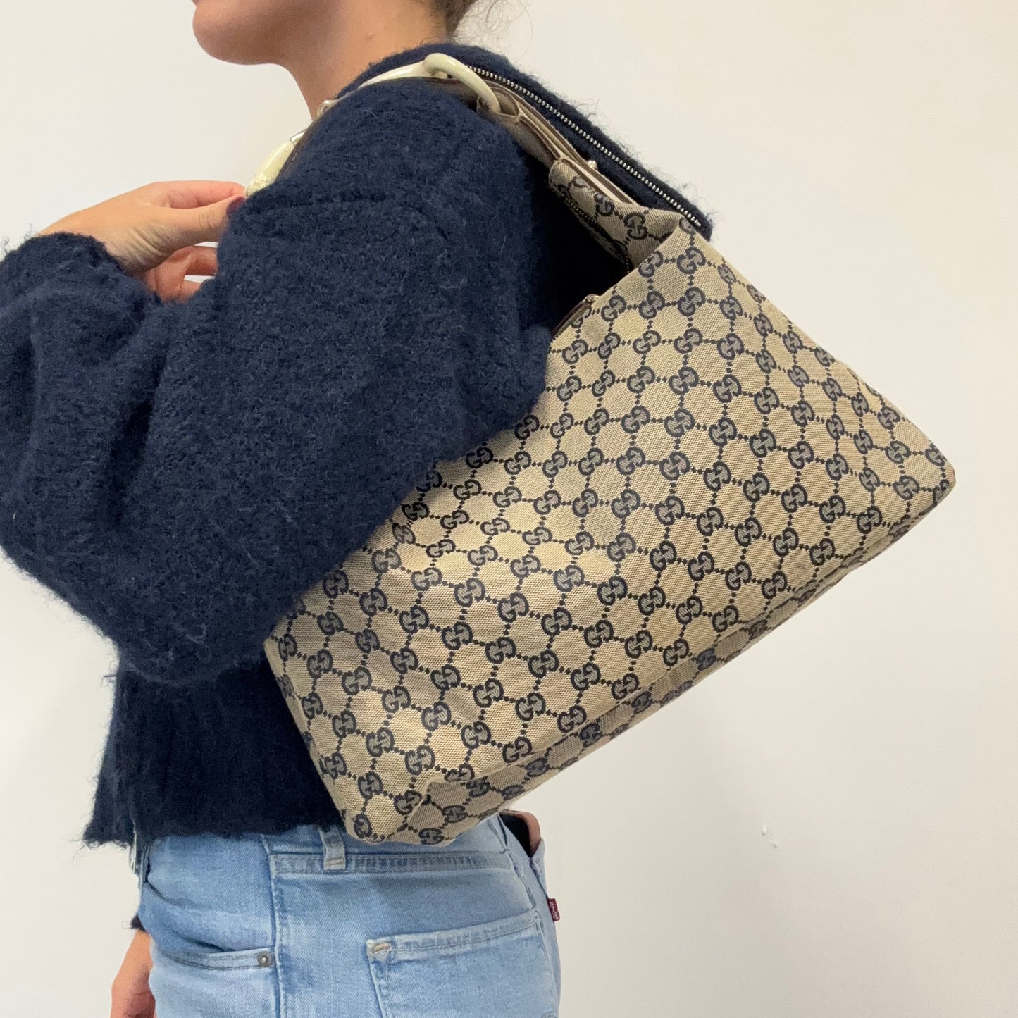 Gucci Horsebit Hobo Navy GG & Ivory Leather Vintage