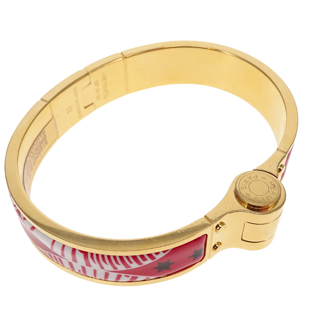 Hermes Hinged Bracelet Red Eperon D'or Bandana Rouge Enamel Gold Plated