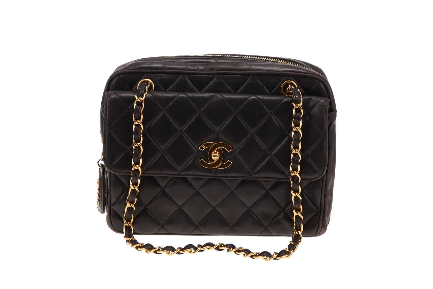 Chanel Brown Lambskin Vintage Front Pocket Square Chain Shoulder Bag 1994/96