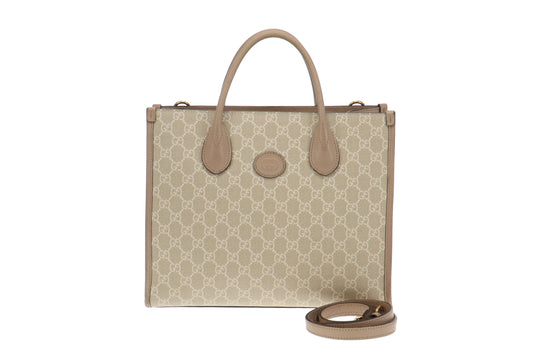 Gucci Beige and White GG Supreme Small Tote Bag with Interlocking G