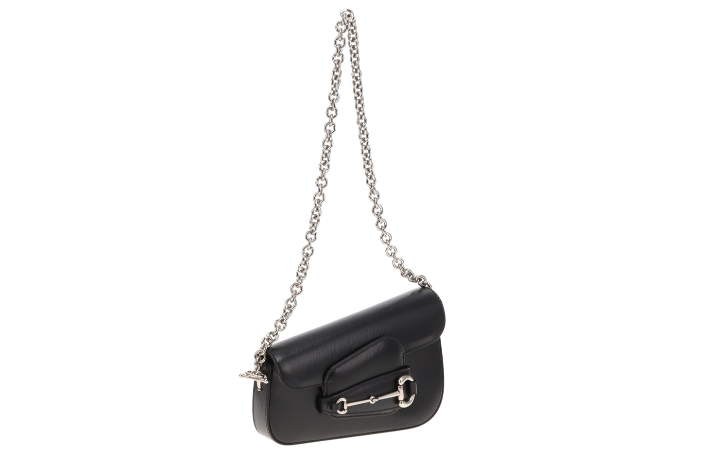 Gucci Black Leather SHW Mini Diagonal Horsebit with Chain
