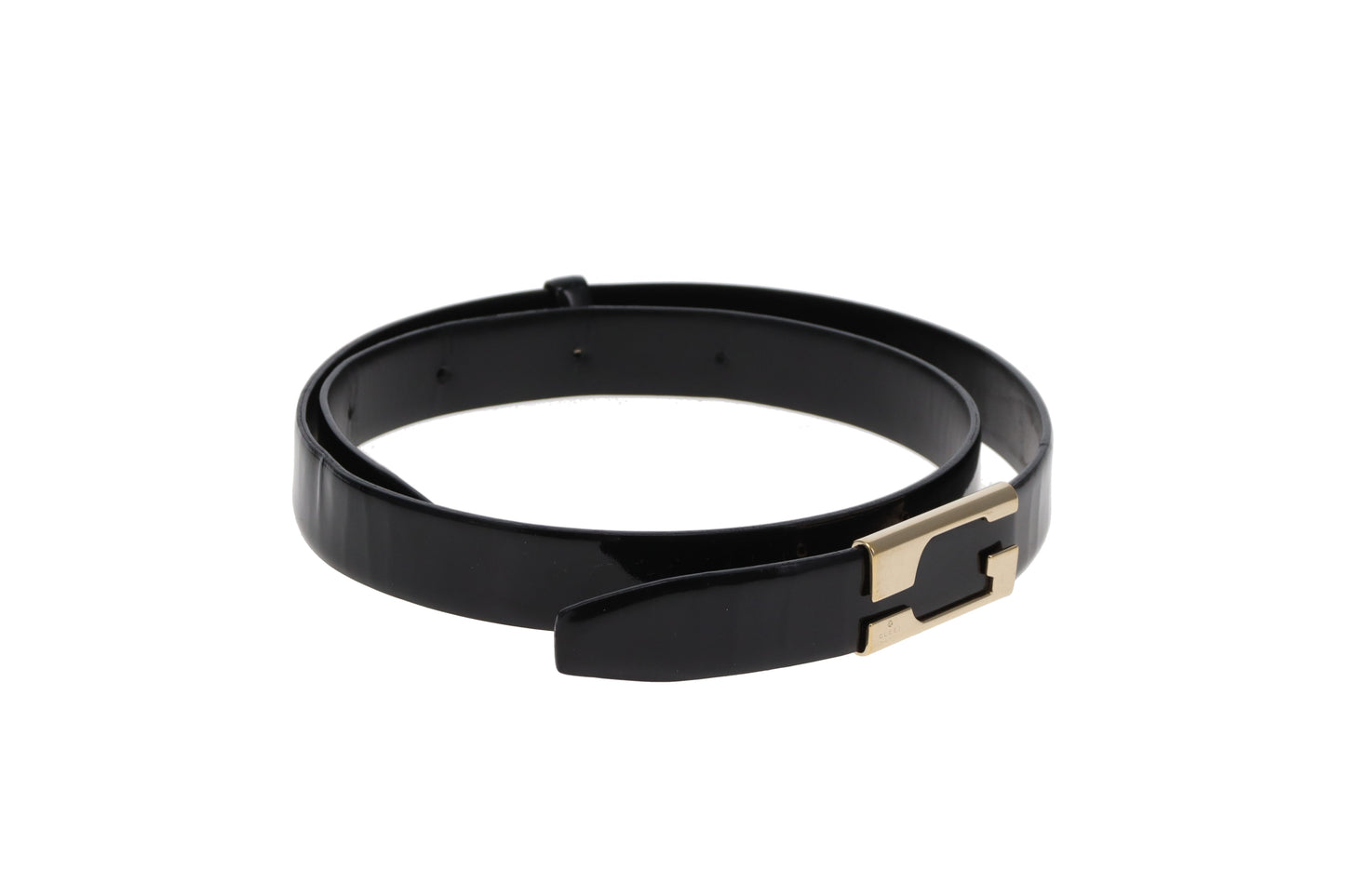 Gucci G Belt In Black Patent Leather 85/34