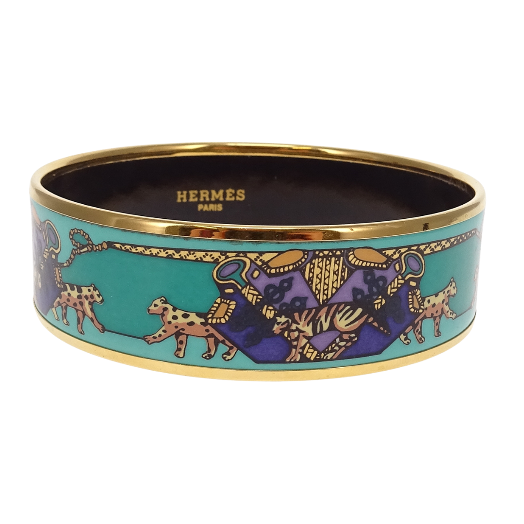 Hermes Bangle Teal Leopard Enamel Gold Plated
