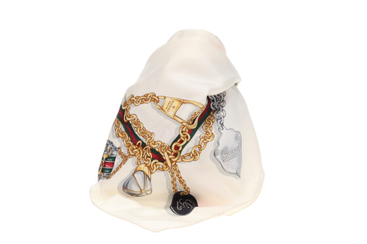 Gucci White 100% Silk Iconic Charms 90cm Scarf