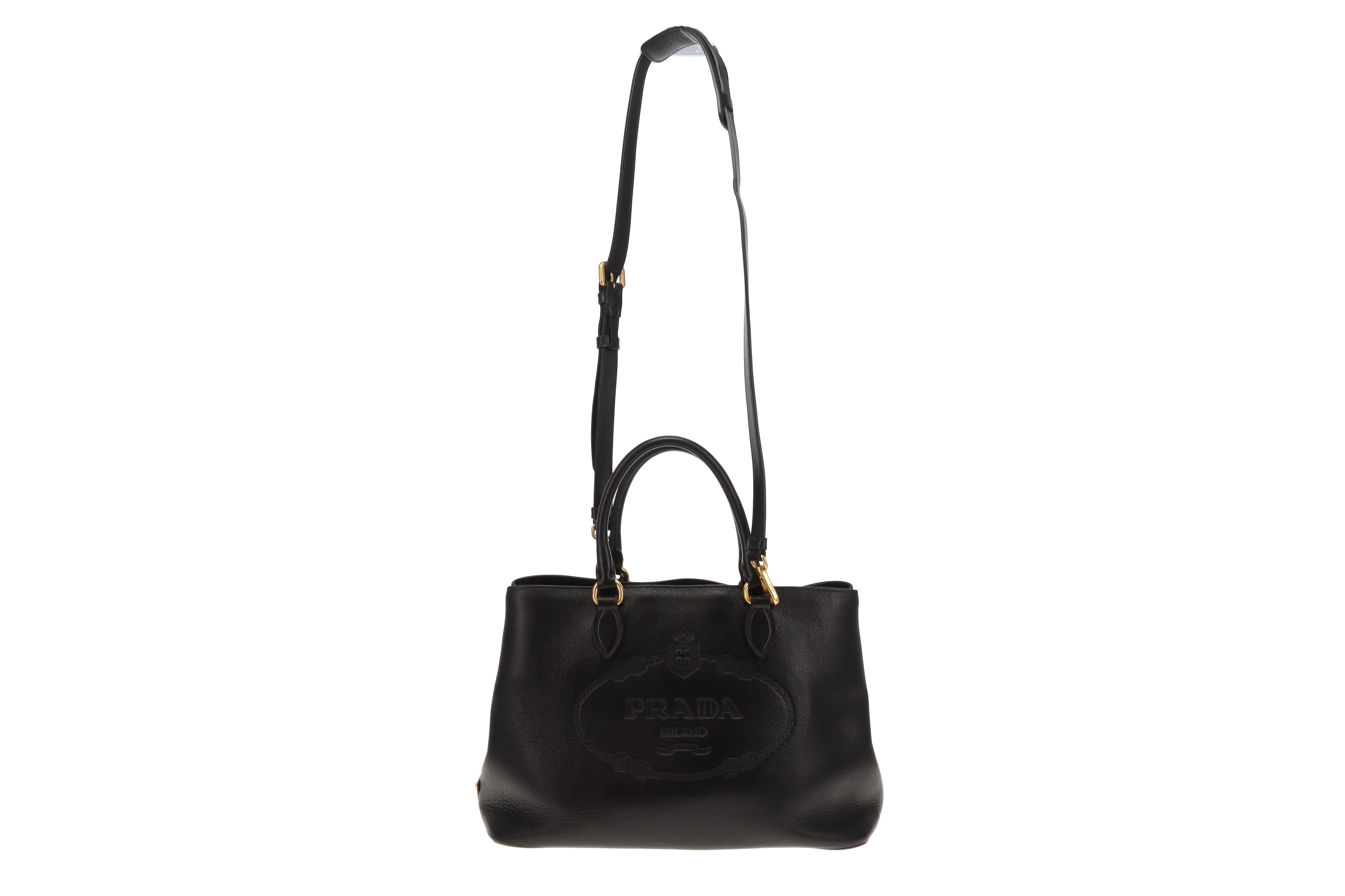 Prada Logo Glacé Calf Tote Black Leather with Shoulder Strap